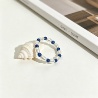 Bague élastique vintage en lapis-lazuli et perle d'eau douce naturelle, bague élastique facettée en lapis-lazuli
