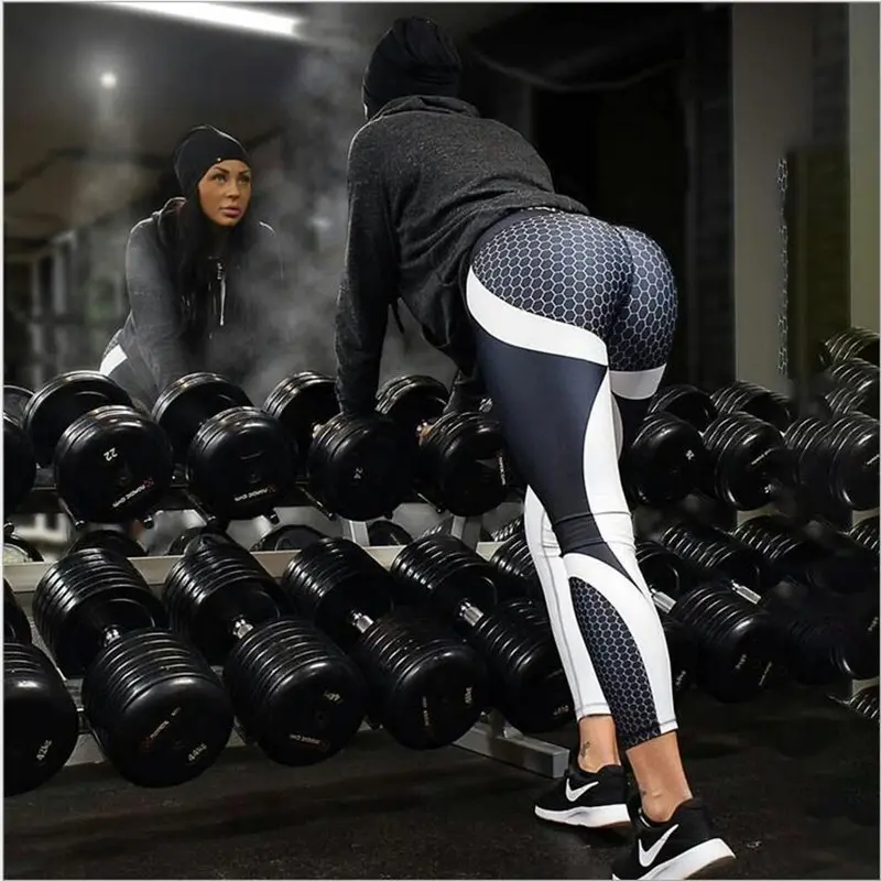 Леггинсы женские для фитнеса, сетчатые брюки с принтом в виде сот, облегающие спортивные штаны для тренировок, черные белые
