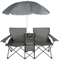 Chaise de camping pliable double en acier allié avec parasol, table pliante, porte-boissons, glacière et sac de transport – Portable pour terrasse
