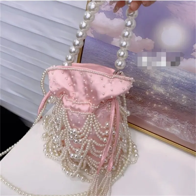 Gland perles soie Satin cordon seau pochette à la main tressé perlé sacs à bandoulière pour les femmes