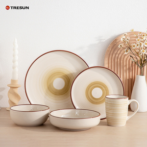 Juego de Vajilla de Gres con Rayas Radiales Pintadas a Mano, Platos, Tazones y Tazas con Patrón de Círculos Concéntricos, Cerámica Boho Dibujada a Mano - Product Image 5