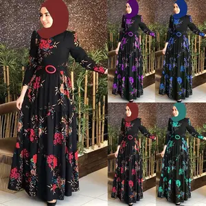 Groothandel abaya gekleurde-2020 Populaire Kleur Bloem Print Jurk Met Lace Up Taille En Lange Mouwen Moslim Jurk