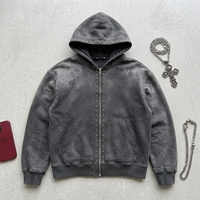 Sweat à capuche vintage délavé à la pierre pour homme, en molleton de coton épais, coupe régulière, style oversize, veste d'hiver streetwear urbaine, fermeture éclair intégrale