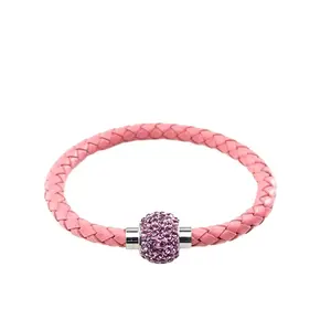 Pulsera y pulsera Diamantes de imitación coloridos Pulseras de joyería de moda de cuero trenzado rosa