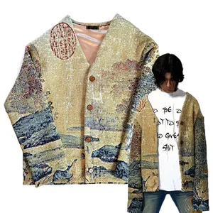 Custom OEM Wool Zip Up Silk Lining Heavy Carpet Sweater Jacquard Tapestry Coat Jacket