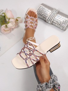 Elegant <b>Ladies</b> Glitter Rhinestone Hollow Slide <b>Sandals</b> Slip On <b>Low</b> Block <b>Heel</b> For Party Occasion - Product Image 4