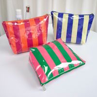 Trousse de Toilette Rayée Tendance, Sac de Rangement Portable Léger, Imperméable en PVC Contrastant pour Voyage