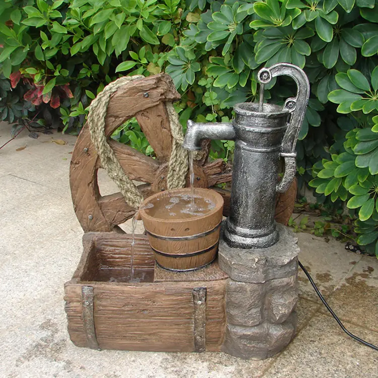 Fontana di acqua esterna del giardino della resina del grano di legno d'imitazione del pozzo decorativo di rilassamento