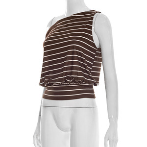 Viviblook J26TP043 T-shirt d'été pour femme, nouveau modèle rayé, col bateau, épaules dénudées, taille ample, sans manches, crop top pour femmes - Product Image 3