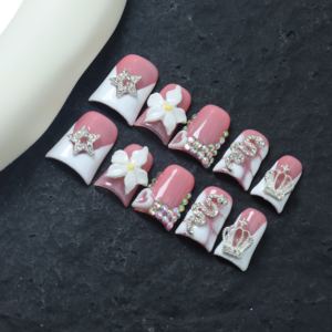 Wholesale handmade acrylic nail art, duckbill-shaped full-coverage <b>false</b> nails, pink, 3D <b>flowers</b>,rhinestone design, customizable - Product Image 2