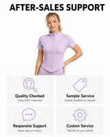Haut de yoga pour femme grande taille avec logo personnalisé, lavande, manches courtes, fermeture éclair, col montant, extensible dans quatre directions, coupe ajustée, respirant, vêtements de sport