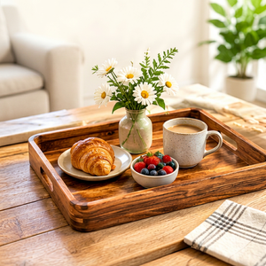 Plateau de service rectangulaire moderne en bois d'acacia de qualité supérieure, à un seul niveau, durable, avec un design décoratif pour la cuisine et la maison - Product Image 1