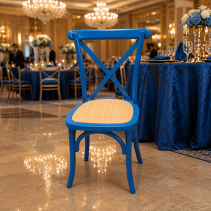 Sedia Vintage in Legno Massello Colorato con Schienale a X e Seduta in Rattan, Impilabile, per Matrimoni ed Eventi, Noleggio Arredamento, Prezzo all'Ingrosso - Product Image 4