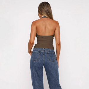 European American Style Casual Sexy <strong>Top</strong> for Girls Sensual <strong>Backless</strong> Tie Inner Slimming Design <strong>White</strong> Lace Trim Hot Halter Knitted - Product Image 4