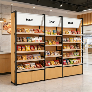 Étagères de supermarché <span class=keywords><strong>en</strong></span> acier, <span class=keywords><strong>bois</strong></span> et métal, gondoles légères, étagères murales autoportantes, revêtement <span class=keywords><strong>en</strong></span> poudre époxy, personnalisables - Product Image 1