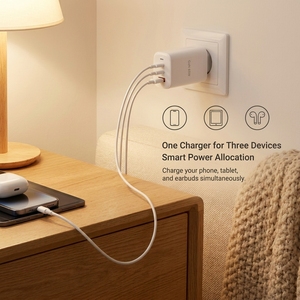 Chargeur de voyage compact GaN 65W à 3 ports (double Type-C, simple <span class=keywords><strong>USB</strong></span>-A) avec prise UE, blanc, pour ordinateur portable – Vente en gros - Product Image 4
