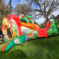 Château Gonflable Commercial Thème Animaux de la Savane avec Toboggan et Aire de Saut pour Enfants