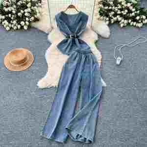 Ensemble décontracté d'été pour femme : Tunique sans manches à col en V en tissu uni et pantalon de jogging en jean taille haute, anti-plis - Product Image 2