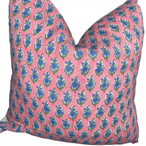 Pink Floral Block Print Cotton Pillow <b>Cover</b> Luxury Indian Bohemian Hand-Blocked Cushion Boho Home Decorative Bed Throw - Product Image 1