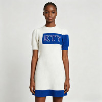 Nouvelle Arrivée 2026 – Robe Pull Tricotée Style Preppy Blanc et Bleu Contrastant à Manches Bouffantes, Col Rond, Mini-Robe Côtelée pour Femme