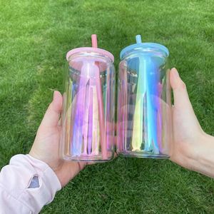 Vaso de cerveza iridiscente de 16 oz con tapas de colores y pajita, venta al por mayor, lata de vidrio de 16 oz con acabado arcoíris. - Product Image 3