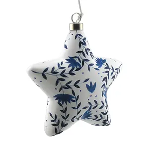 手绘星形led灯白色玻璃装饰品圣诞小丸球，带蓝色图案，用于Xmas树悬挂装饰