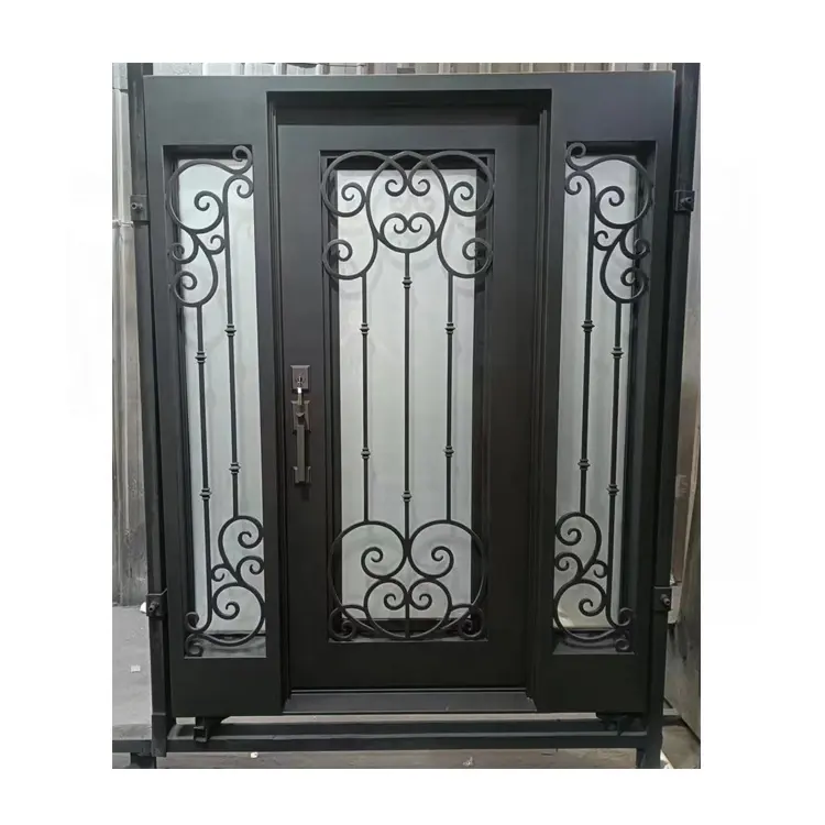 Arched wrought iron entry doors, single & double exterior iron front doors