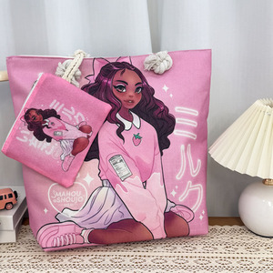 Borsa tote nera lucida alla moda con stampa ragazza, grande capacità, tracolla spessa, per spiaggia e viaggi - Product Image 5