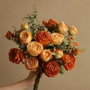 En Gros, Élégant <span class=keywords><strong>Bouquet</strong></span> de Roses <span class=keywords><strong>Artificielles</strong></span> Orange Automnal, Composition Florale pour Cadeau de Saint-Valentin ou Décoration de Table de Mariage - Product Image 1