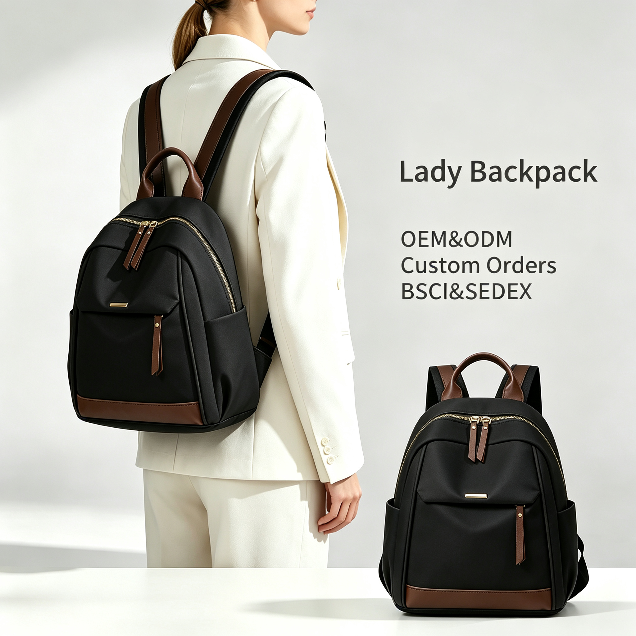 Women Nylon Waterproof Zipper Backpack