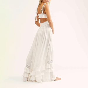Vestido de lino con cuello en V y corte en A, diseño personalizado ODM, elegante vestido maxi con inserciones de encaje estampado, vestido informal de verano sin espalda de algodón crepé para mujer. - Product Image 4