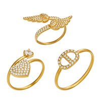 Set Cincin Hidung Babi Sayap Hati yang Dapat Ditumpuk, Baja Anti Karat Berlapis Emas 18K dengan CZ Pave, Paket Cincin Berlapis