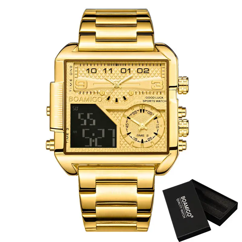 OEM ODM BOAMIGO F941 New Top Brand Luxury Fashion Men Watches gold Stainless Steel Sport square digital analog Big Quartz Watch