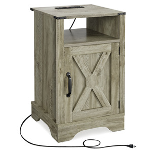 Farmhouse Nightstand Side <b>Table</b> Wooden Rustic End <b>Table</b> <b>Tall</b> Bedside With Electrical Outlets Charging Station Light - Product Image 4