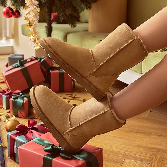 Christmas Gifts Women Comfortable Lightweight Water Resistance Shearling Furry Boots Knee-High Sheepskin Fur Winter Boots