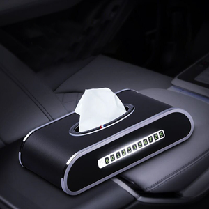 Pare-soleil de voiture en cuir PU de luxe avec logo, organisateur de mouchoirs, porte-numéro de stationnement, support de serviettes hygiéniques et boîte à mouchoirs avec horloge - Product Image 2