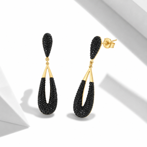 Boucles d'oreilles pendantes ouvertes en zircone noire plaquées or 14 carats, boucles d'oreilles pendantes imposantes en acier inoxydable, 44 mm - Product Image 1