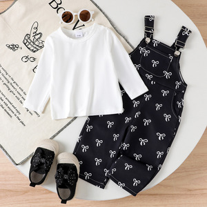 Nuovi Completi Autunnali per Bambine, Set di Abbigliamento con Pantaloni con Bretelle Stampati a Fiocco e <span class=keywords><strong>Canottiera</strong></span> Bianca, 2 Pezzi - Product Image 1