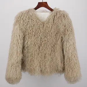 2024 Fashion Long Sleeve Winter Warm Mongolian Fur V-neck Pure Color Fur Coat For Woman