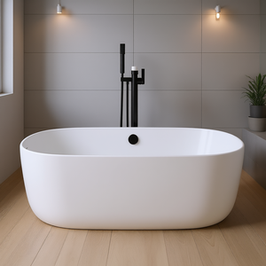 Bañera Moderna Independiente de Resina Ovalada de Superficie Sólida Blanca de 51 Pulgadas con Desagüe Automático para Baño - Product Image 2