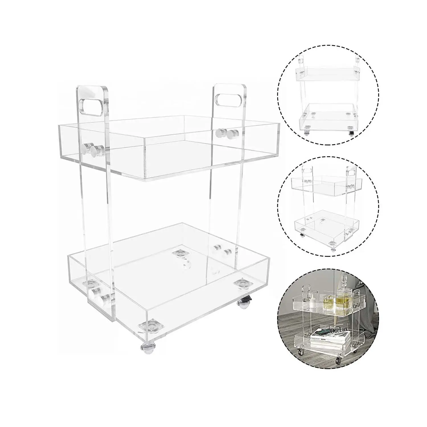 Luxe Montage 2 Tier Lucite Bar Winkelwagen Clear Acryl Rolling Drankjes Trolley Met Wielen