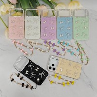 Coque de téléphone de luxe en TPU+PC avec nœud perlé, couleur bonbon, effet gelée et paillettes, pour iPhone 16 15 14 13 12 Pro Max, avec bordure de protection d'objectif en diamant