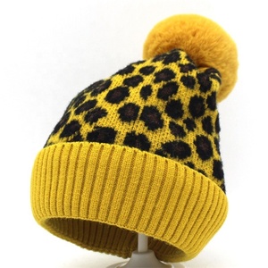 High Quality Fashion Custom Logo Beanie Lady Sexy Leopard Print Raccoon Pom Pom Knitted 100% Acrylic Plush Winter <strong>Head</strong> <strong>Warmer</strong> - Product Image 2