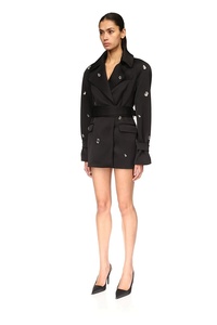 A11533 Veste de soirée <span class=keywords><strong>noire</strong></span> pour <span class=keywords><strong>femme</strong></span>, longue, sans manches, style trench-coat sexy, col rabattu, <span class=keywords><strong>ceinture</strong></span> brodée de cristaux et de diamants - Product Image 3
