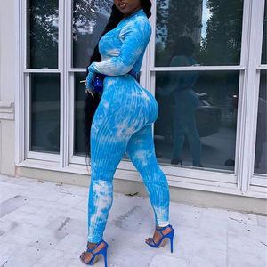 Combinaison zippée côtelée tie-dye pour femme, taille haute, extensible, style décontracté streetwear - Product Image 3