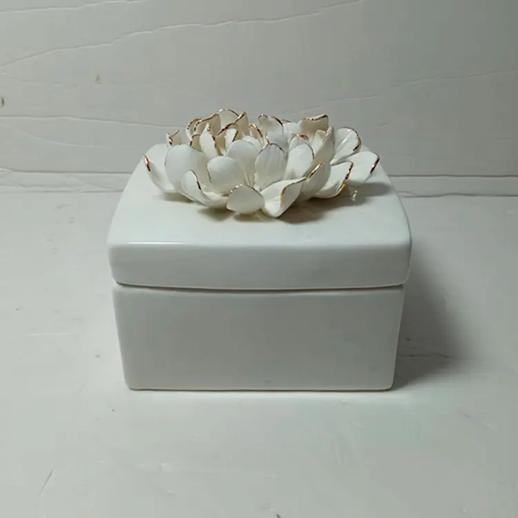 White Ceramic Jewelry Case Ring Holder Trinket Jewel Box with Handmade Gild Edge Ceramic Flower Lid for Wedding Anniversary