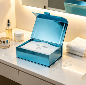 Boîte en papier bleu métallisé de luxe à charnières avec fermoir magnétique pour masques faciaux, cotons démaquillants et emballage de produits de soin de la peau - Product Image 3