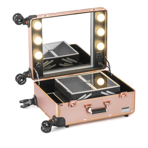 Oro Champagne in alluminio di colore <span class=keywords><strong>grande</strong></span> trolley illuminato trucco di bellezza caso cosmetico con luci specchio lampadine ruote e stand - Product Image 2