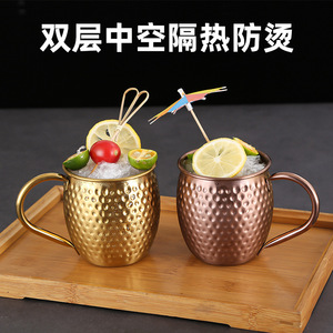 Hammered 304 Stainless Steel Drum Shaped Mug With Handle Gold Copper Color For Coffee Tea Party Drink - Product Image 3
