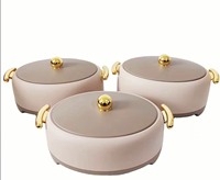 Chauffe-plats thermique de luxe à motifs floraux en relief, ensemble de 3 casseroles en acier inoxydable (1,5L + 2L + 2,5L) avec couvercles en verre et poignées dorées, idéal pour les buffets de mariage